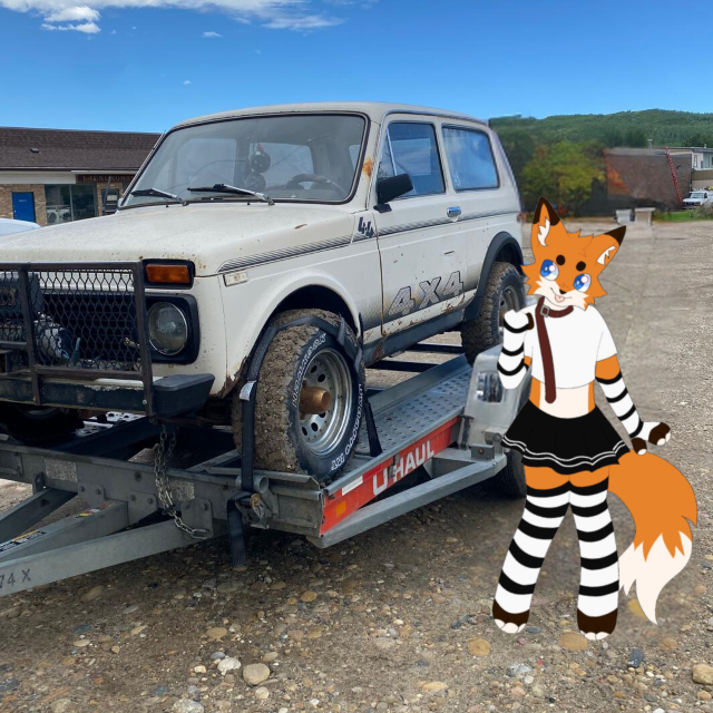 Unable to load image: FoxyBlep next to the car on a transport trailer